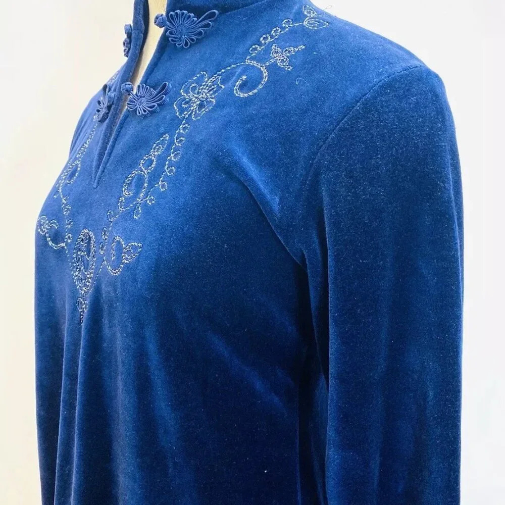 CJ Women Long Sleeve Knee Length Velvet Embroidered Blue Dress Size Large 36-38 - Picture 2 of 12